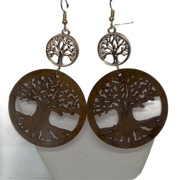 NWT Tan Wood Gold-Tone Tree of Life Laser Cut-Out Dangle Earrings - Picture 1 of 6